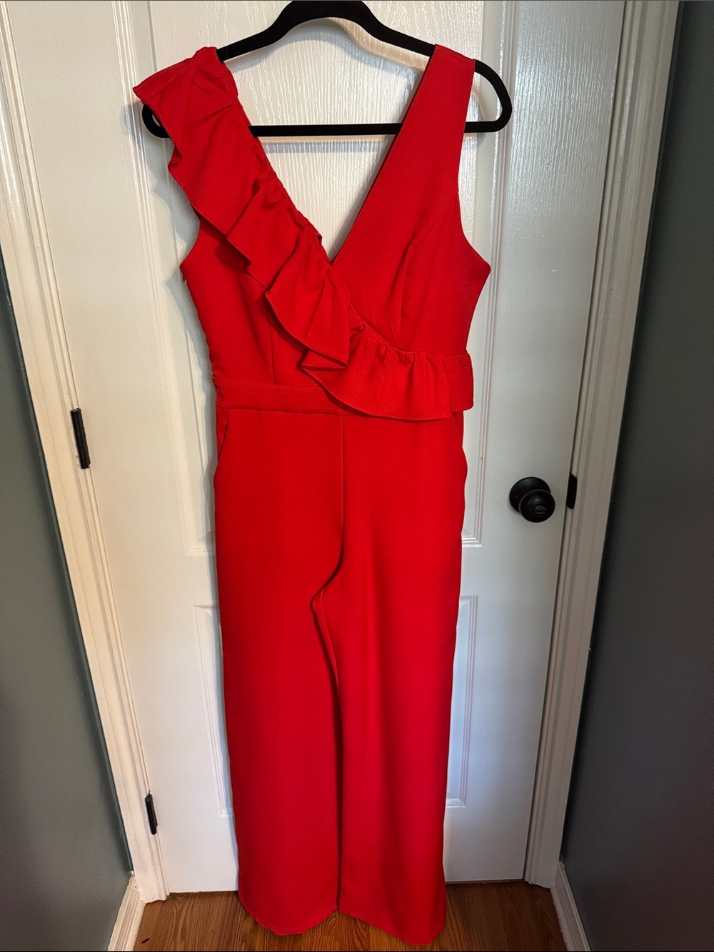 Vici Red One-Shoulder Ruffle Jumpsuit